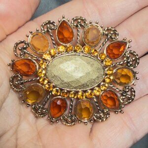 Monet Amber Rhinestone Sunburst Brooch Vintage Topaz Glass Pin 2.25”